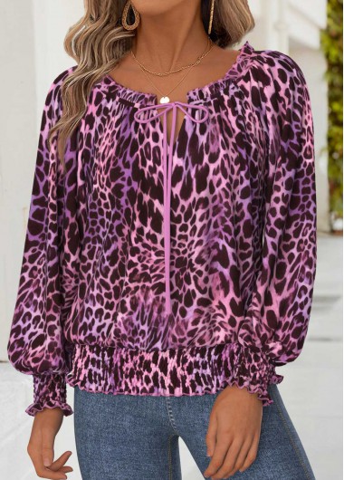 women clothes image of Purple Tummy Coverage Leopard Long Sleeve Split Neck Blouse