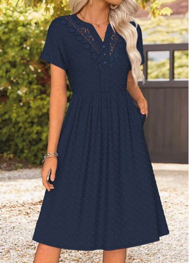 women clothes image of Navy Tummy Coverage Short Sleeve Split Neck Dress