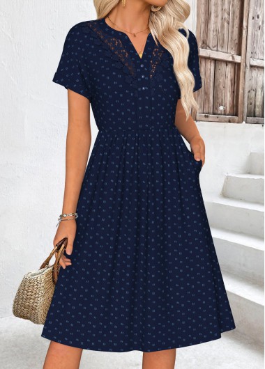 women clothes image of Navy Tummy Coverage Short Sleeve Split Neck Dress