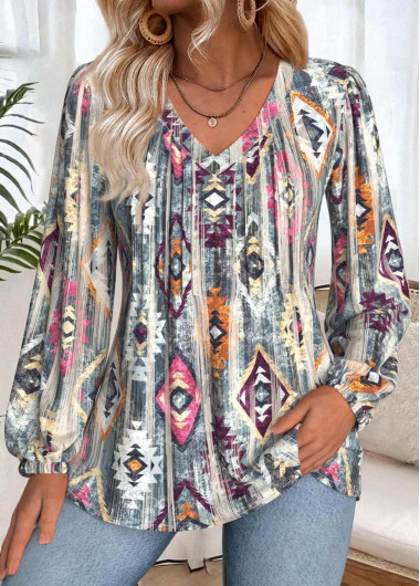 women clothes image of Multi Color Tummy Coverage Tribal Print Long Sleeve Blouse