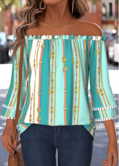 women clothes image of Mint Green Tummy Coverage Geometric Print 3/4 Sleeve Blouse