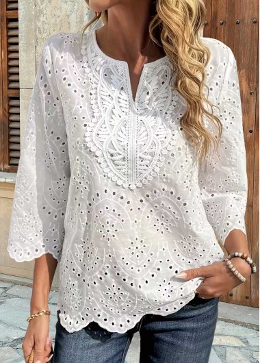 women clothes image of White Scalloped Hem 3/4 Sleeve Split Neck Blouse