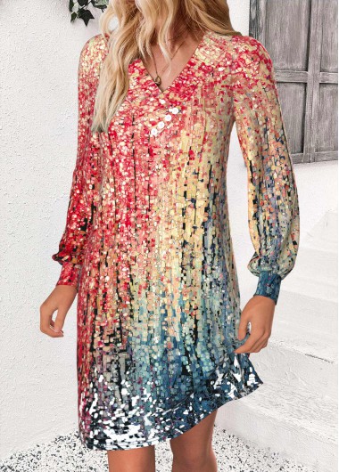 women clothes image of Multi Color Button Ombre A Line Long Sleeve Dress