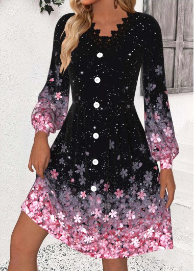 women clothes image of Multi Color Patchwork Floral Print Long Sleeve Dress
