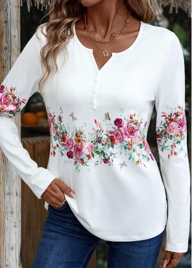 women clothes image of White Button Floral Print Long Sleeve T Shirt
