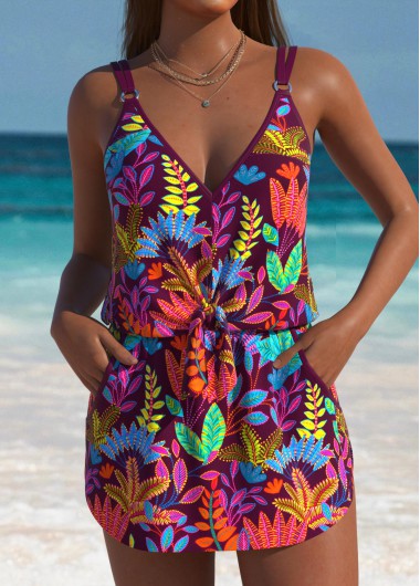 women clothes image of Tummy Coverage Tropical Plants Print One Piece Swimdress