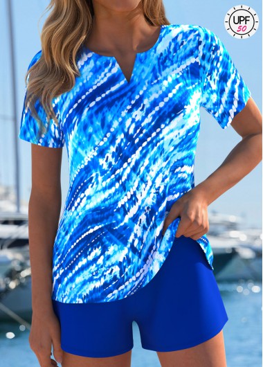 women clothes image of Tummy Coverage Mid Waisted Graffiti Print Blue Tankini Set