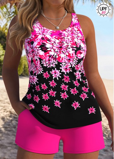 women clothes image of Tummy Coverage Hot Pink Floral Print Tankini Set