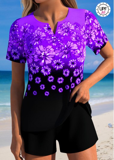 women clothes image of Tummy Coverage Mid Waisted Floral Print Black Tankini Set