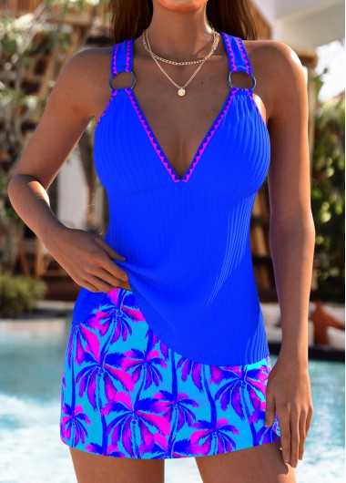 women clothes image of Lace Up Royal Blue Tropical Plants Print Tankini Set
