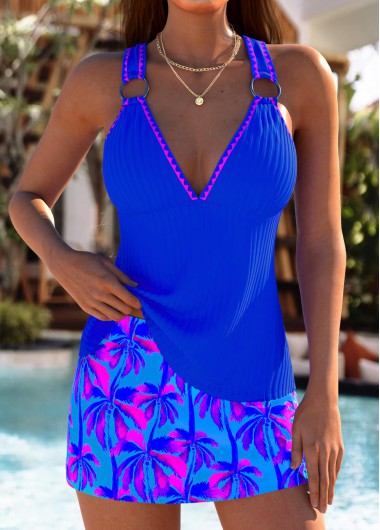 women clothes image of Lace Up Royal Blue Tropical Plants Print Tankini Set