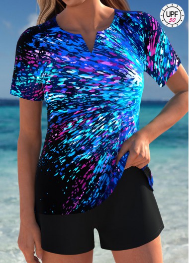 women clothes image of Tummy Coverage Mid Waisted Graffiti Print Blue Tankini Set