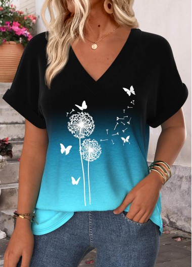 women clothes image of Blue Ombre Short Sleeve V Neck T Shirt