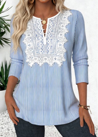 women clothes image of Blue Tuck Stitch Striped Long Sleeve Split Neck Blouse