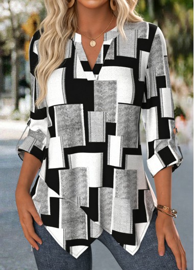 women clothes image of Black Handkerchief Hem Geometric Print 3/4 Sleeve Blouse