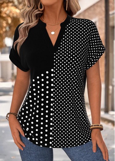 women clothes image of Black Tummy Coverage Polka Dot Short Sleeve Blouse