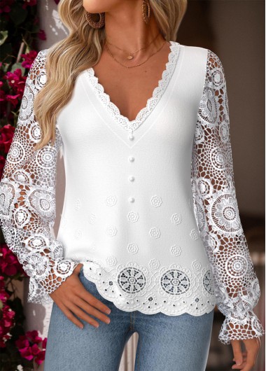 women clothes image of White Patchwork Long Sleeve V Neck Blouse