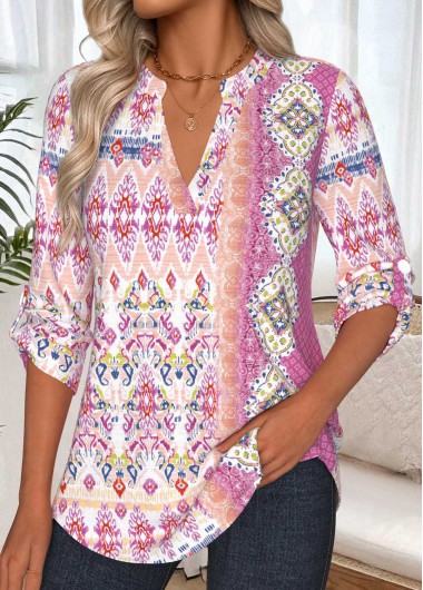 women clothes image of Light Pink Tummy Coverage Tribal Print Long Sleeve Shirt