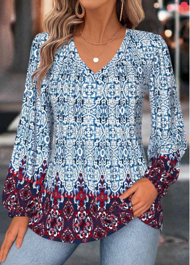 women clothes image of Dusty Blue Tummy Coverage Tribal Print Long Sleeve Blouse