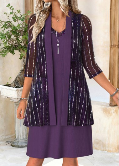 women clothes image of Purple Tummy Coverage 3/4 Sleeve Dress and Cardigan