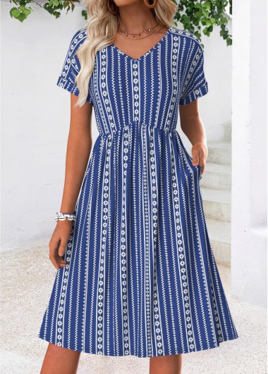 women clothes image of Blue Tummy Coverage Tribal Print Short Sleeve Dress