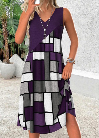 women clothes image of Dark Purple Tummy Coverage Geometric Print Sleeveless Dress