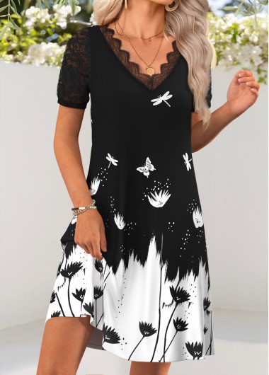 women clothes image of Black Tummy Coverage Floral Print Short V Neck Dress