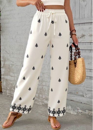 women clothes image of Beige Soft Tribal Print Wide Leg Elastic Waist Pants