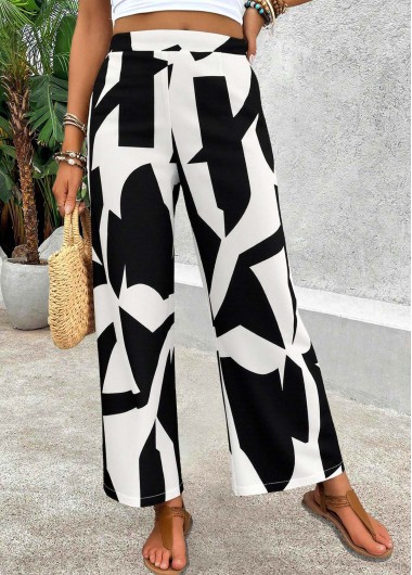 women clothes image of Black Soft Geometric Print Wide Leg Elastic Waist Pants