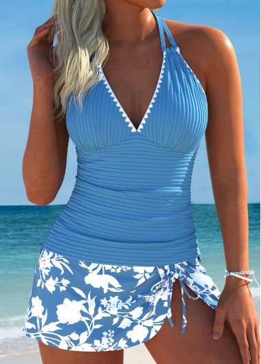 women clothes image of Thigh Slimmer Mid Waisted Floral Print Beige Tankini Set