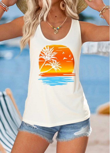 women clothes image of Beige Tummy Coverage Tropical Plants Print Sleeveless Tank Top