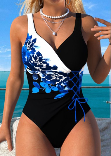 women clothes image of Tummy Control Floral Print Black One Piece Swimwear