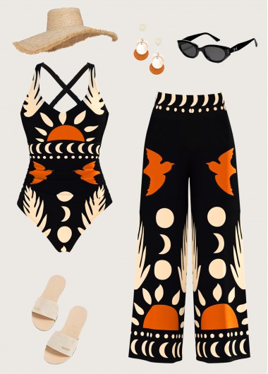 women clothes image of Tummy Control Tribal Print Black One Piece Swimwear