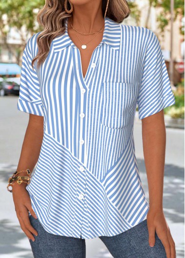 women clothes image of Light Blue Striped Patch Pocket Short Sleeve Shirt