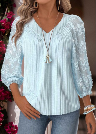 women clothes image of Light Blue Tummy Coverage 3/4 Sleeve V Neck Blouse