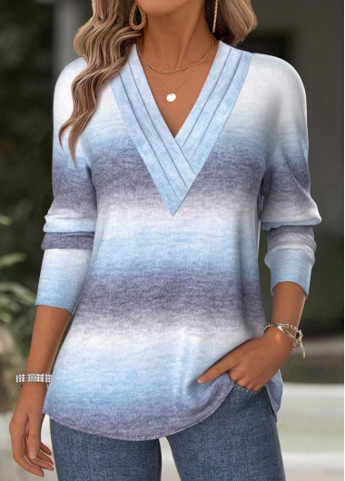 women clothes image of Light Blue Tummy Coverage Ombre Long Sleeve T Shirt