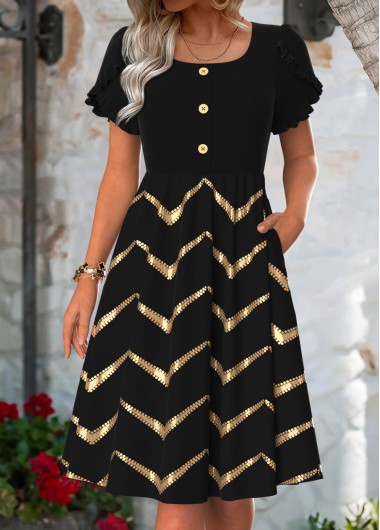 women clothes image of Black Tummy Coverage Short Sleeve Square Neck Dress