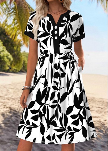 women clothes image of White Tummy Coverage Leaf Print Short Sleeve Dress