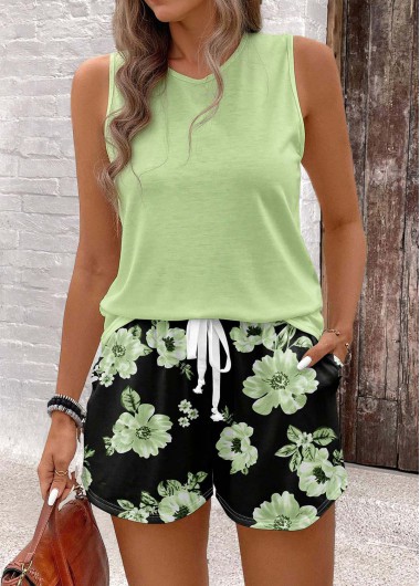 women clothes image of Light Green Tummy Coverage Floral Print Sleeveless Tank Top