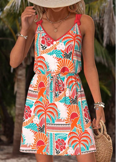 women clothes image of Multi Color Tummy Coverage Tropical Plants Print Short Dress