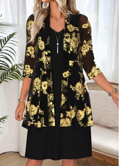 women clothes image of Black Tummy Coverage Floral Print Dress and Cardigan
