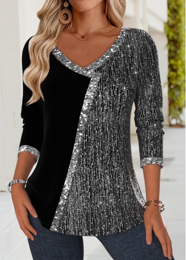 women clothes image of Black Patchwork Long Sleeve V Neck T Shirt