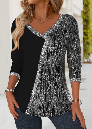 women clothes image of Black Patchwork Long Sleeve V Neck T Shirt