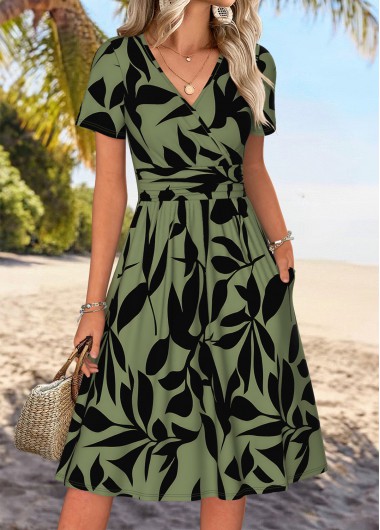 women clothes image of Sage Green Tummy Coverage Leaf Print Short Sleeve Dress