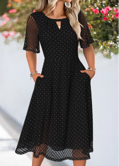 women clothes image of Black Tummy Coverage Half Sleeve Round Neck Dress
