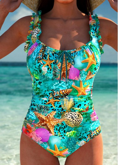women clothes image of Marine Life Print Turquoise One Piece Swimwear