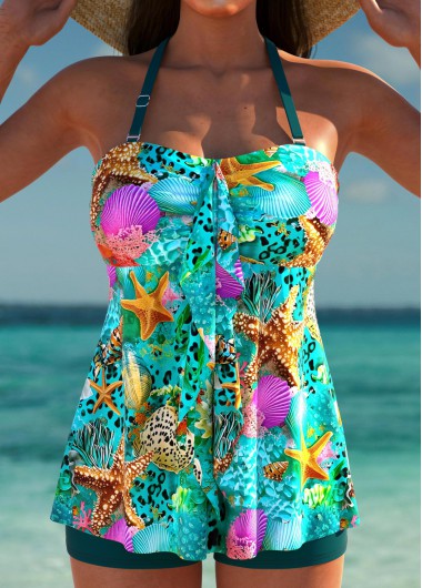 women clothes image of High Waisted Marine Life Print Turquoise Tankini Set
