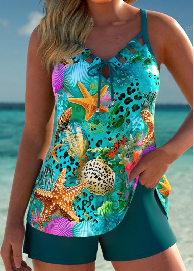 women clothes image of Pocket Mid Waisted Marine Life Print Turquoise Tankini Set