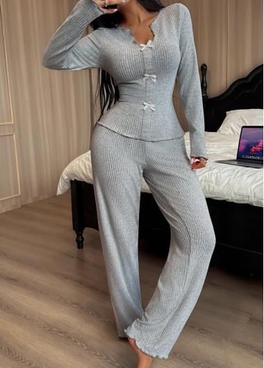 women clothes image of Grey Long Sleeve Split Neck Lounge Top and Pants