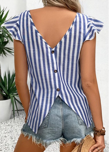 women clothes image of Blue Tummy Coverage Striped Short Sleeve Tank Top